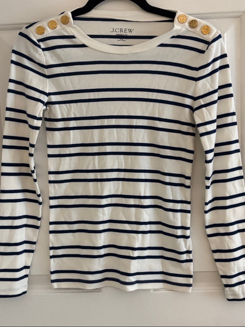 J. Crew White and Navy Striped Boatneck Top with Gold Buttons